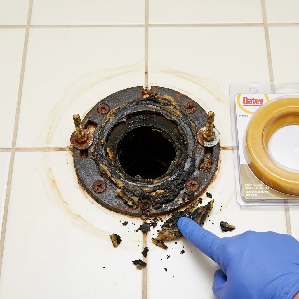 Failed wax ring showing water seepage at the base of a toilet in a Hartsville, SC home