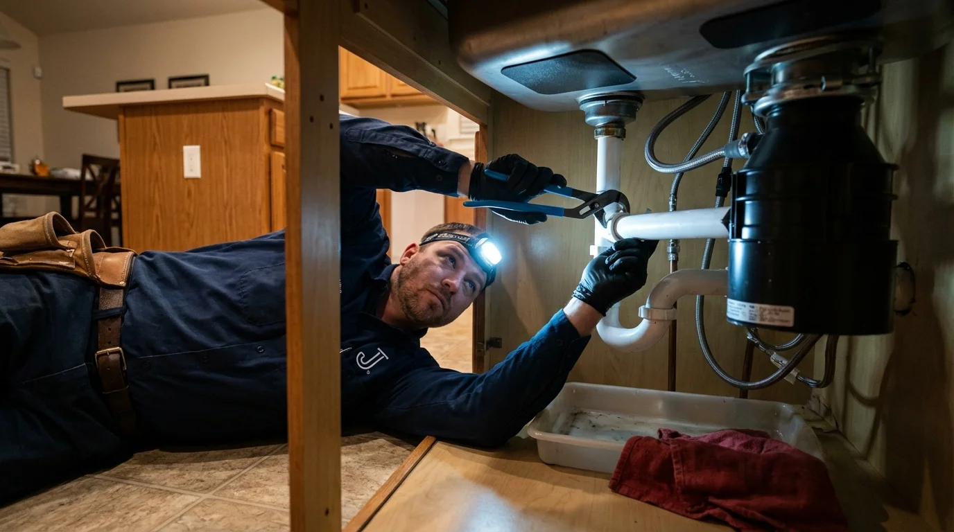 P-trap and supply line connections under a kitchen sink showing a common leak point in Hartsville, SC